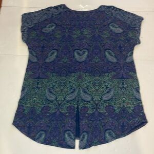 Lucky Brand Women’s Paisley Print Top Navy Blue Split Back Print Shirt